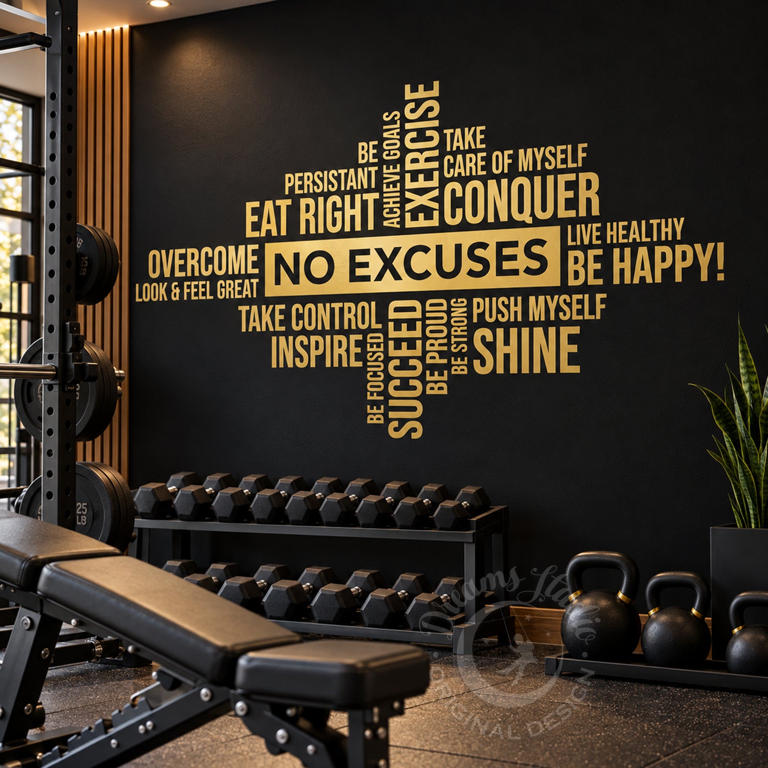 Gold typography wall art featuring motivational fitness quotes and the phrase 'NO EXCUSES' in a large central box, displayed on a black gym wall above a rack of dumbbells and weight bench.