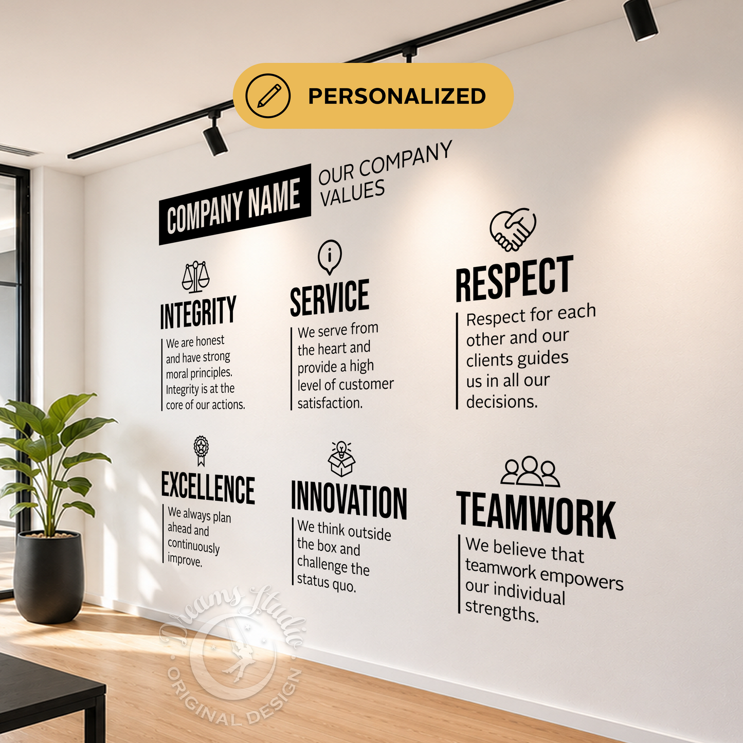 Personalized Wall Vinyl Decal, Company Values, add your company name