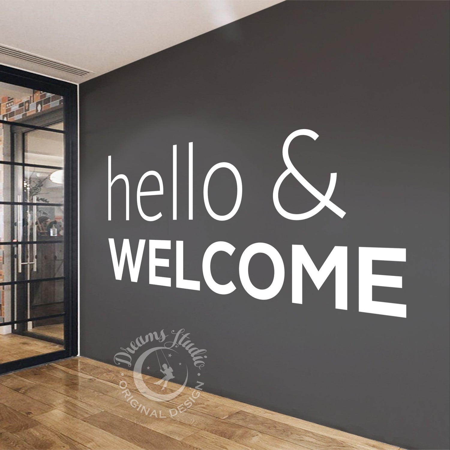 Gray wall with 'hello & WELCOME' text in a modern interior setting