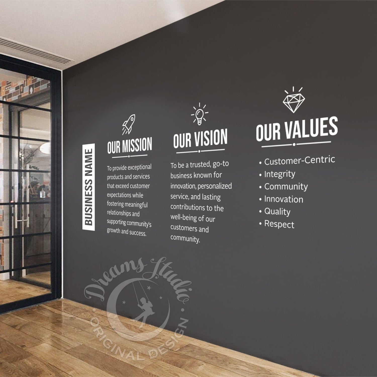Wall with business mission, vision, and values displayed in a modern office setting.