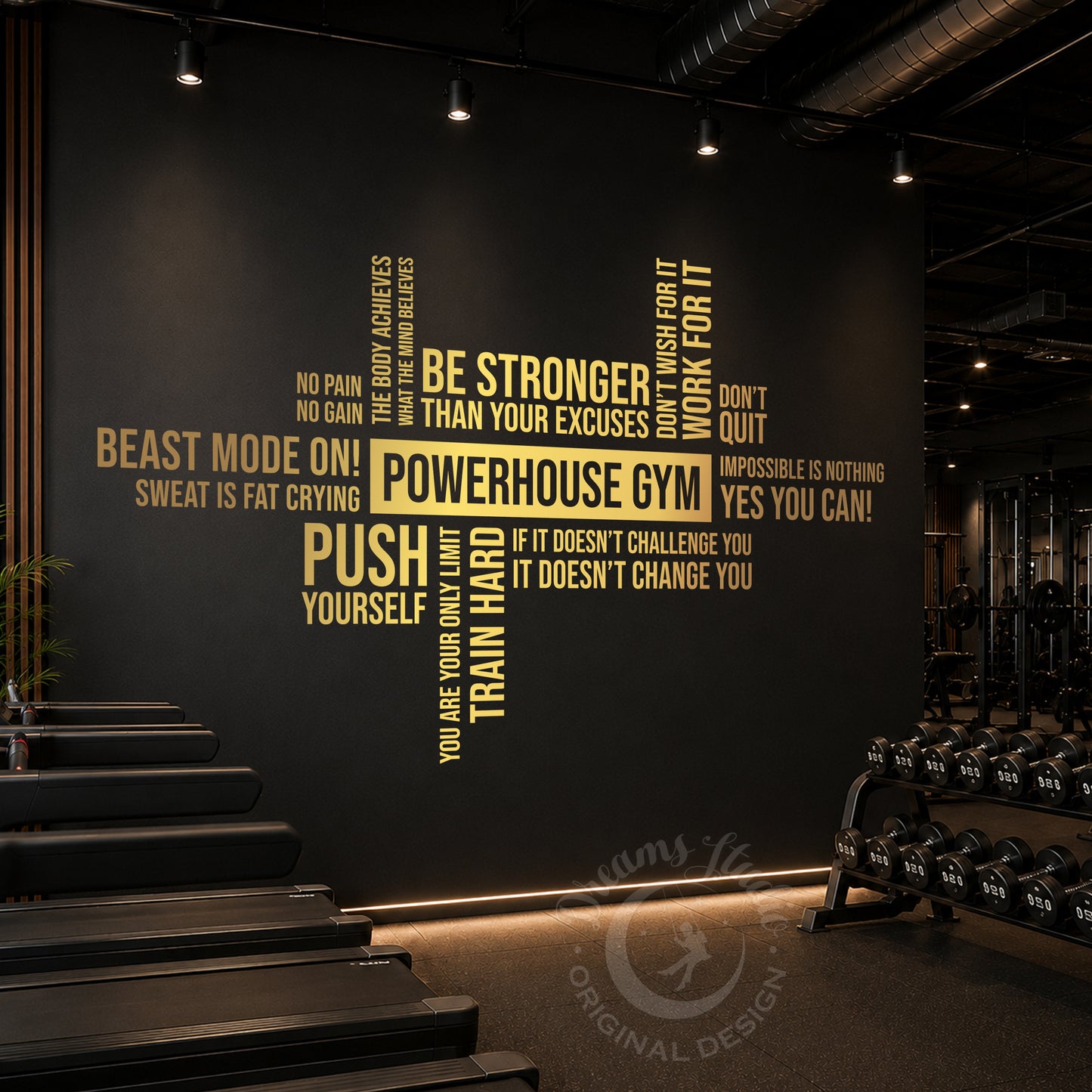 Gold personalized gym wall decal featuring Powerhouse Gym custom lettering surrounded by motivational fitness quotes on a dark wall in a modern fitness center.