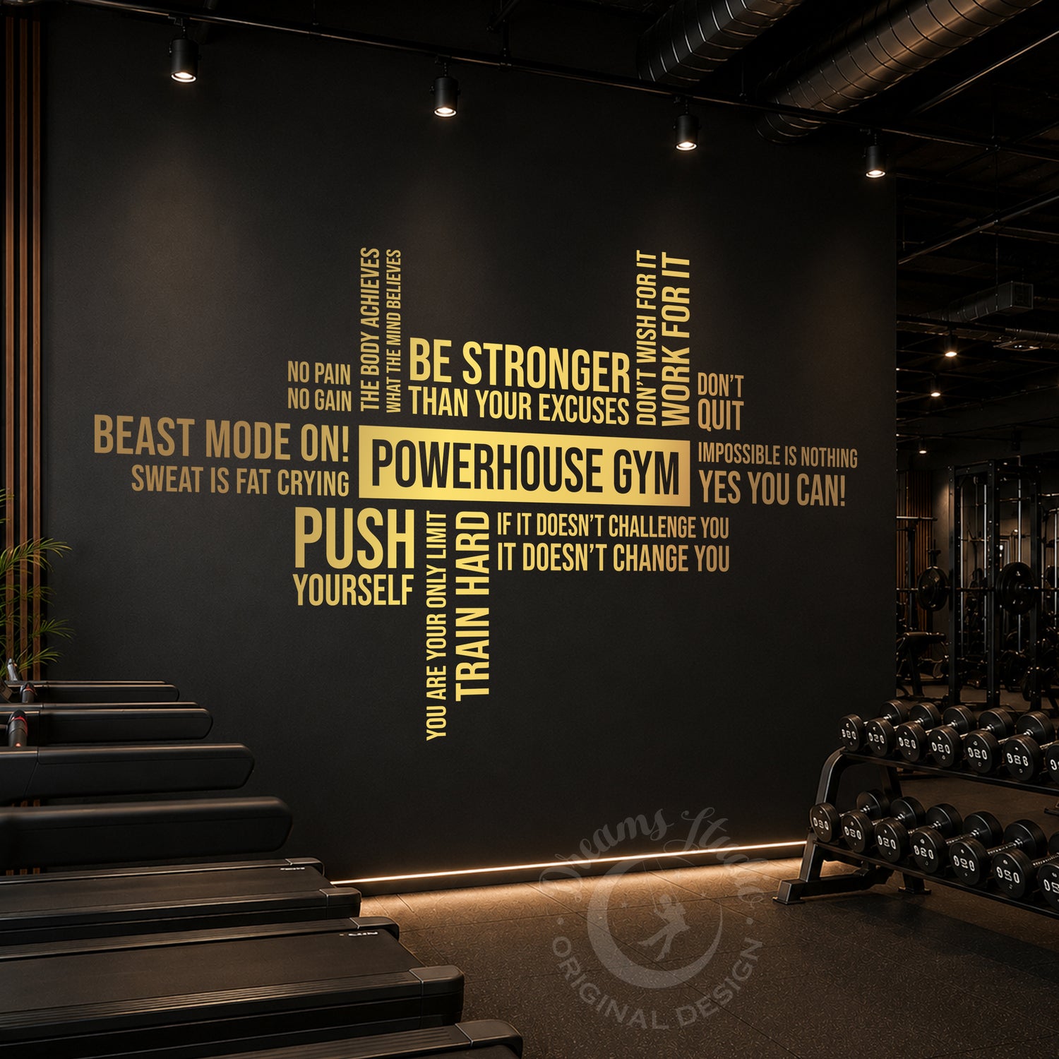 Gold personalized gym wall decal featuring Powerhouse Gym custom lettering surrounded by motivational fitness quotes on a dark wall in a modern fitness center.