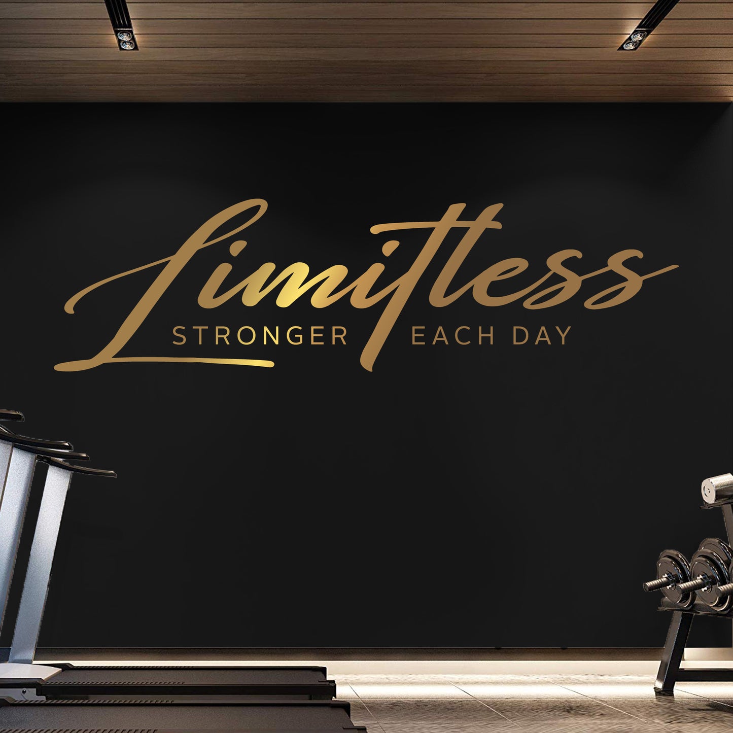Gym interior with 'Limitless Stronger Each Day' motivational quote on a black wall.