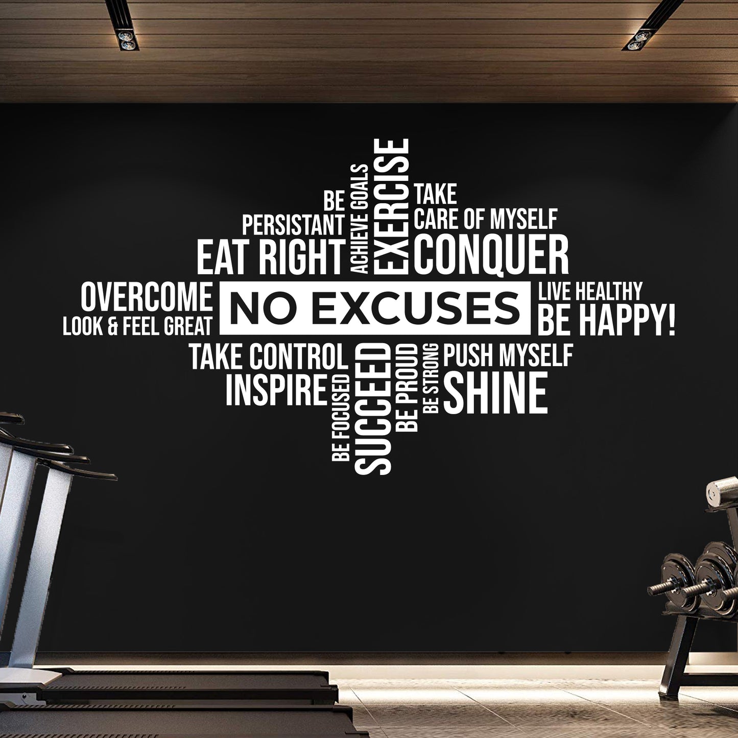 Gym Wall Vinyl Decal Word Cloud "No Excuses"