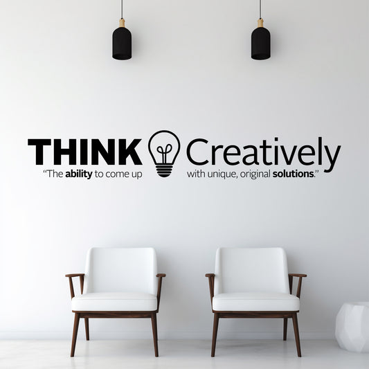 Two white chairs in a room with a wall quote 'THINK Creatively' and a light bulb symbol.