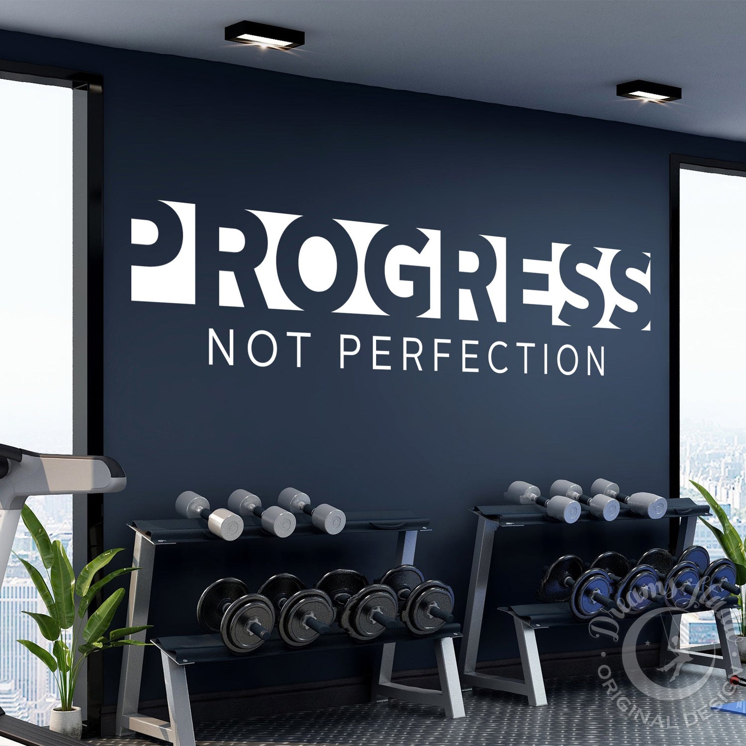 Gym interior with 'Progress Not Perfection' motivational quote on a wall.