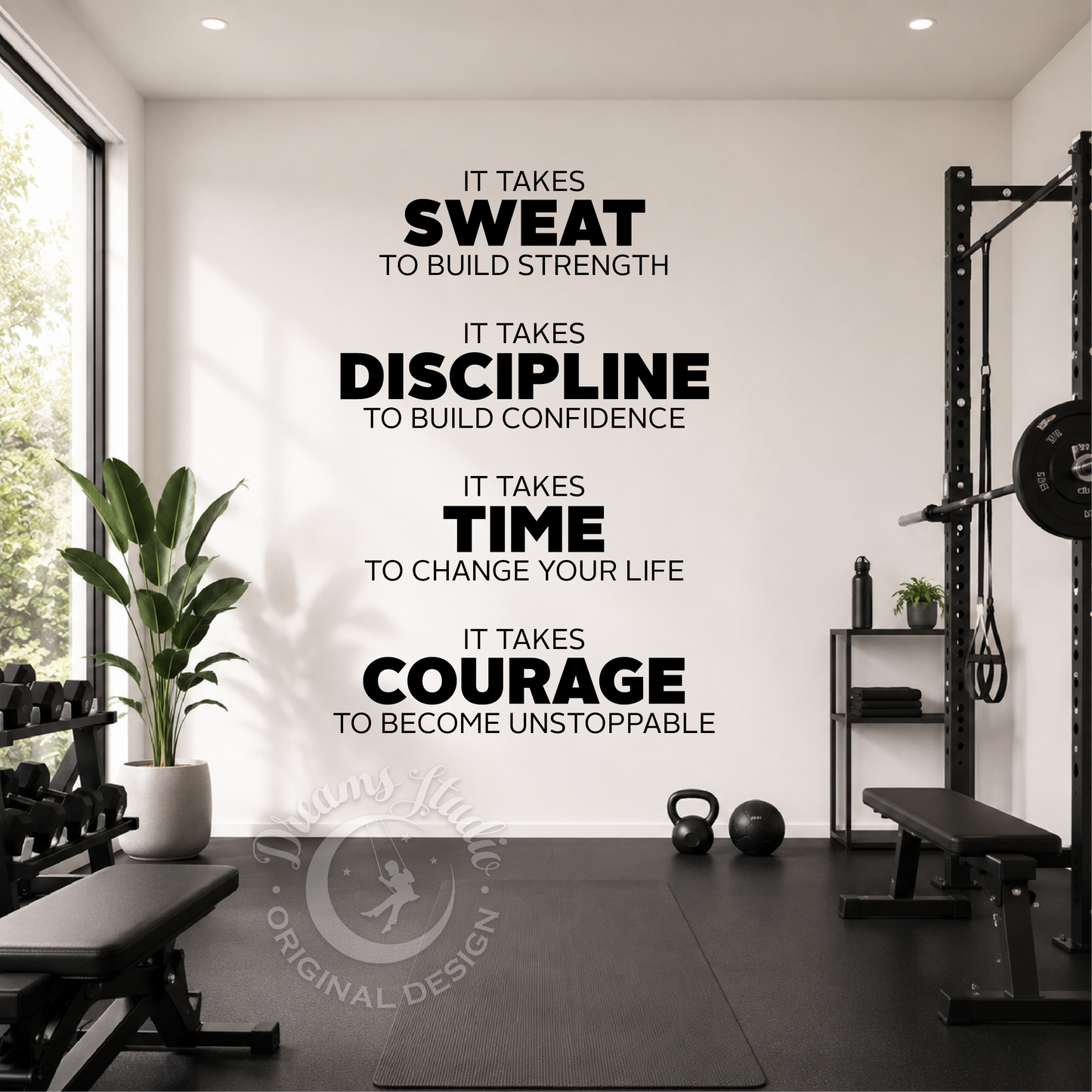 Gym interior with motivational quote on the wall