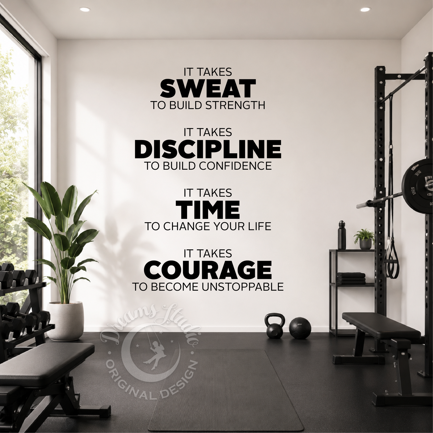 Gym interior with motivational quote on the wall