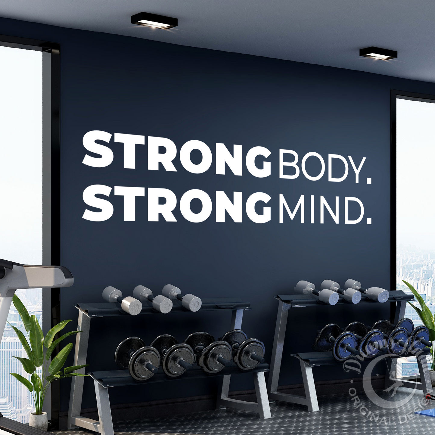 Gym interior with 'Strong Body. Strong Mind.' quote on a wall