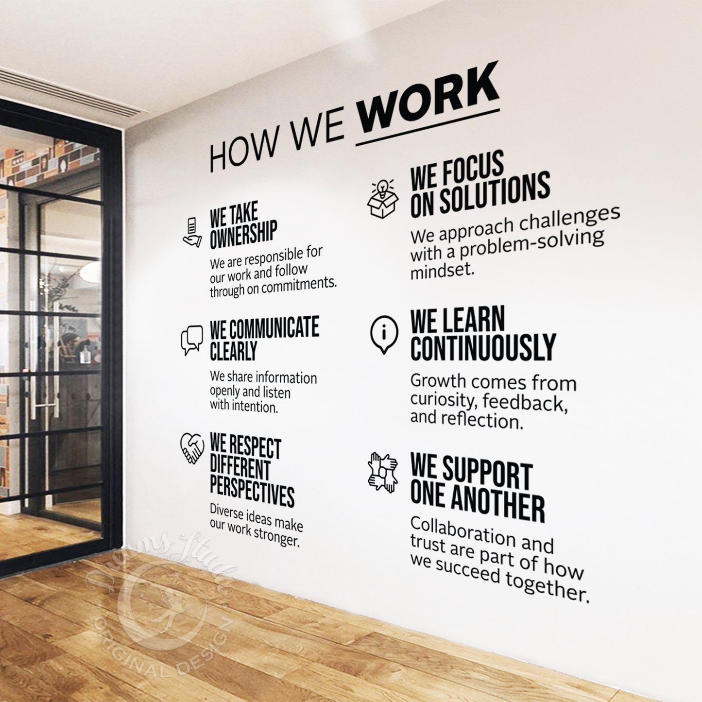 "How We Work" Wall Decal with Icons – Modern Company Principles, Office Culture Decor
