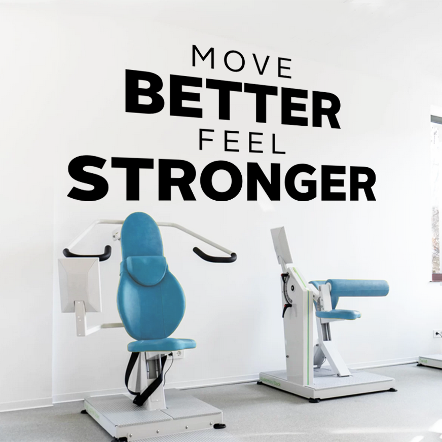 Gym equipment with motivational text 'Move Better Feel Stronger' on a white wall.