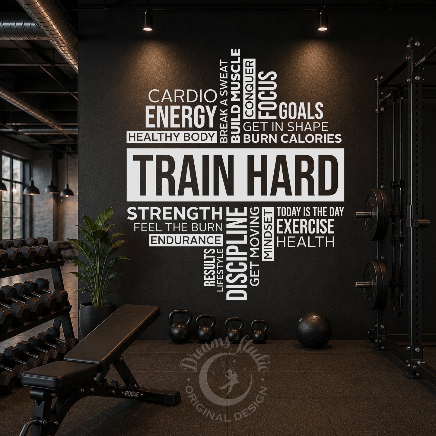 "Train Hard" Word Cloud Gym Wall Decal, Motivational Fitness Wall Sticker, Workout Quote Decor