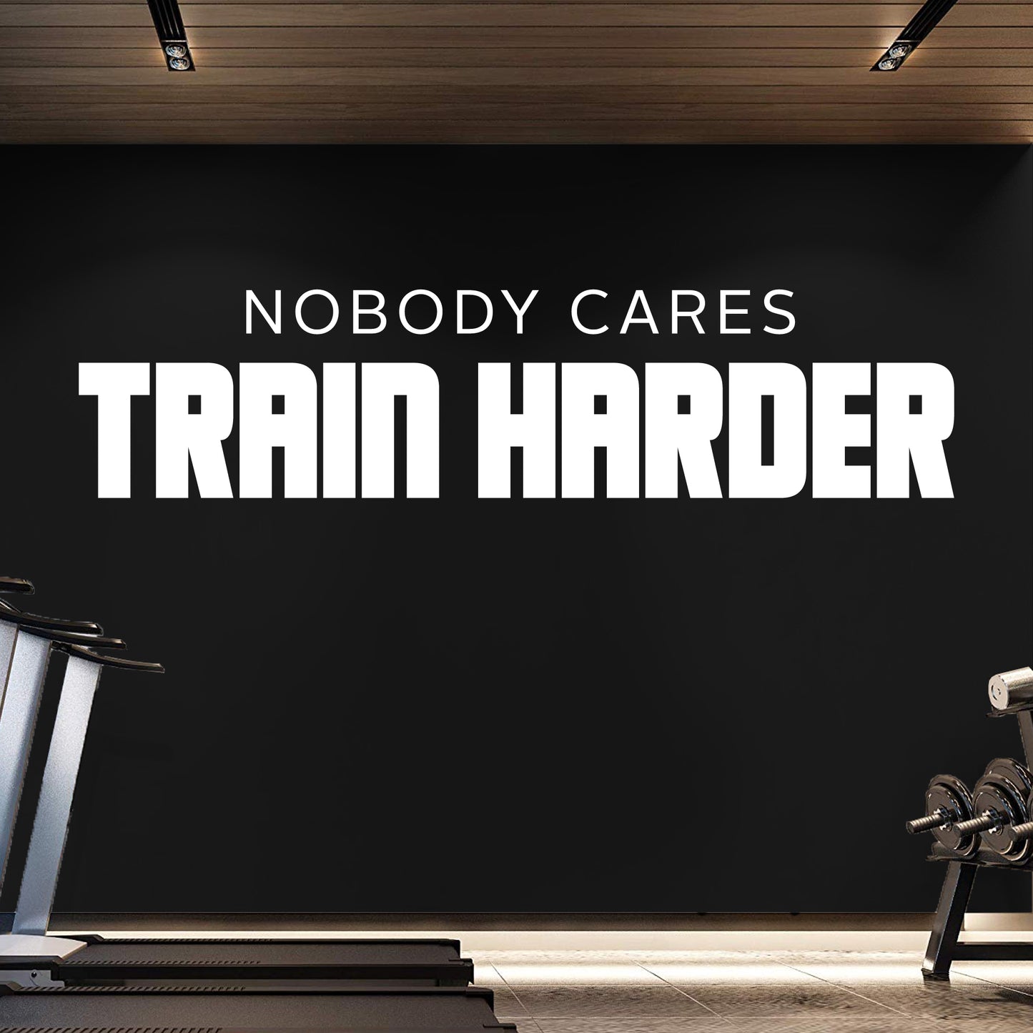 Motivational quote 'Nobody Cares Train Harder' in a gym setting with exercise equipment.