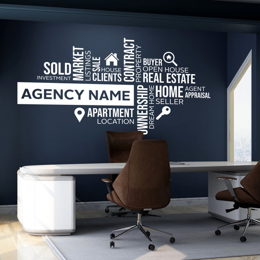Modern office interior with a large wall mural featuring real estate-related words.