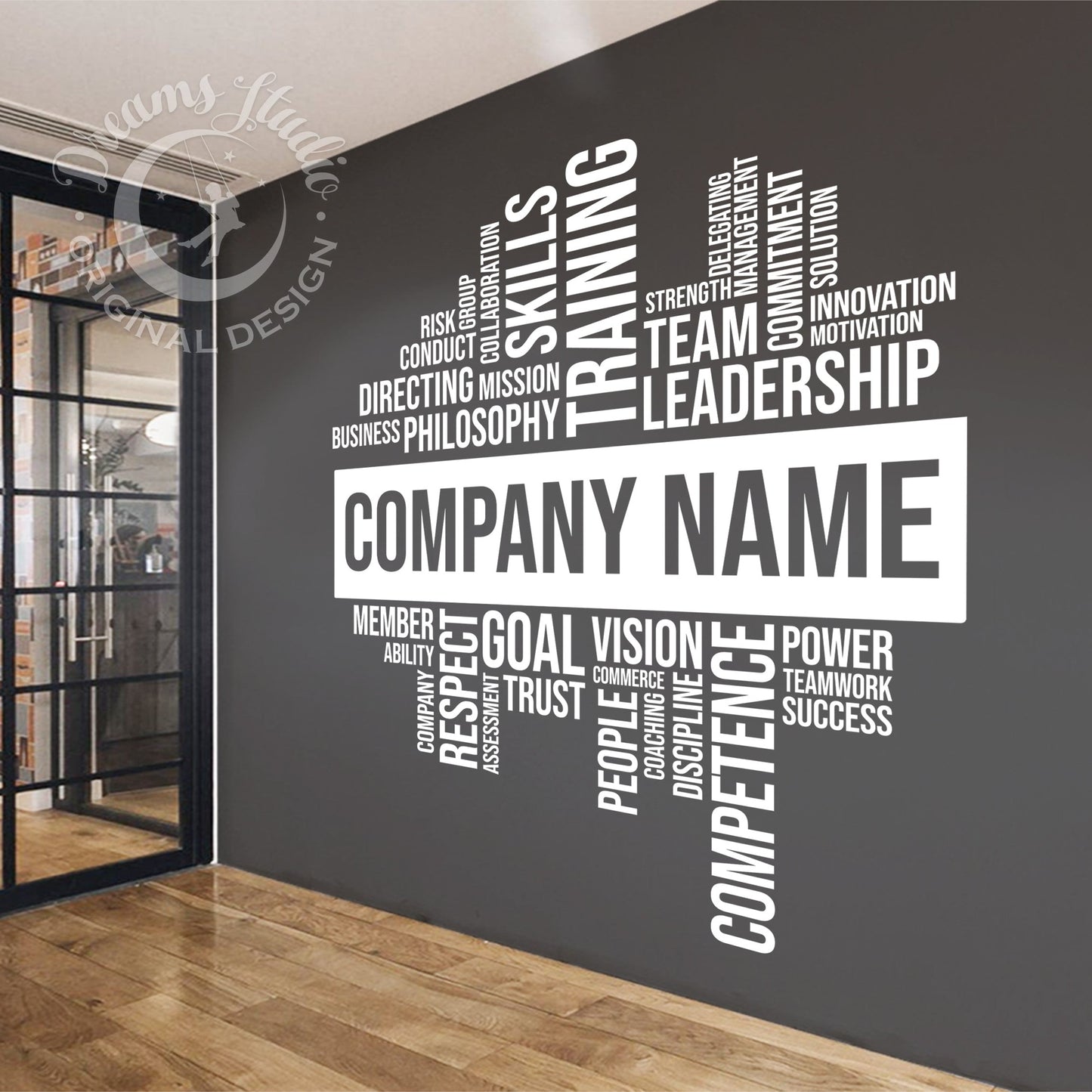 Wall with motivational phrases and 'Company Name' placeholder on a dark wall.
