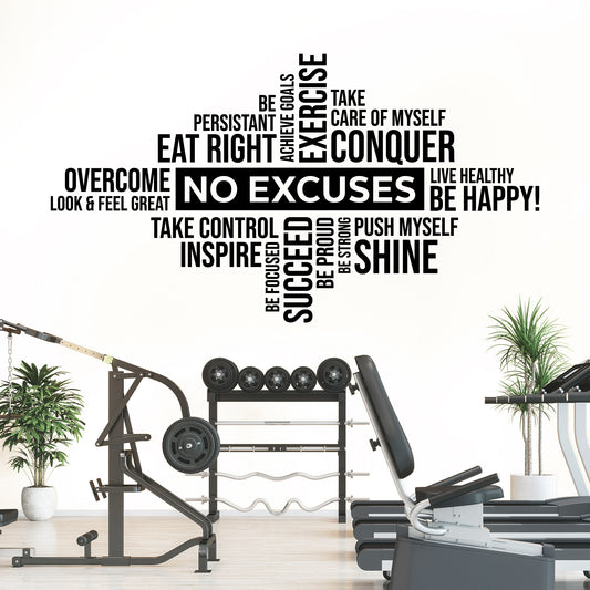 Gym Wall Vinyl Decal Word Cloud "No Excuses"