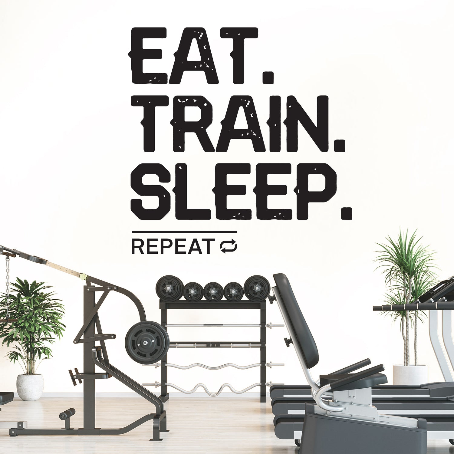 Gym interior with fitness equipment and motivational quote on a white wall.