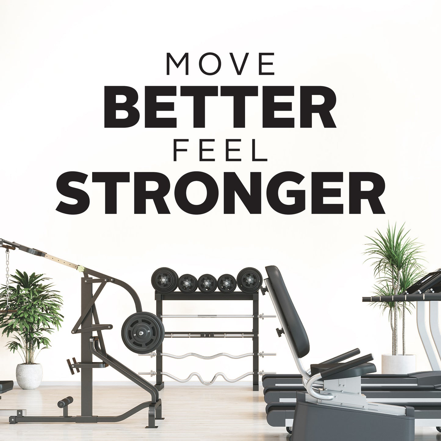 Gym equipment with motivational quote 'Move Better Feel Stronger' on a white background