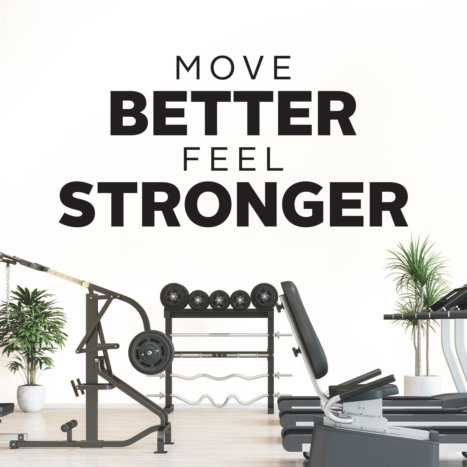 Gym equipment with motivational quote 'Move Better Feel Stronger' on a white background