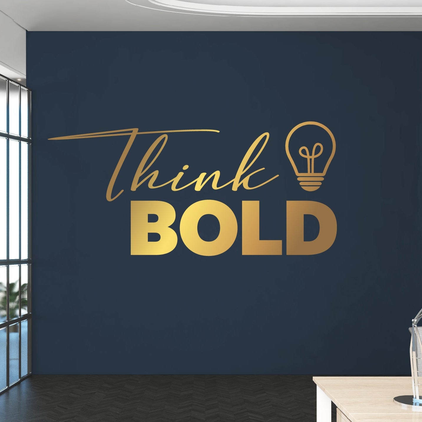 Wall with 'Think Bold' motivational quote in a modern office setting