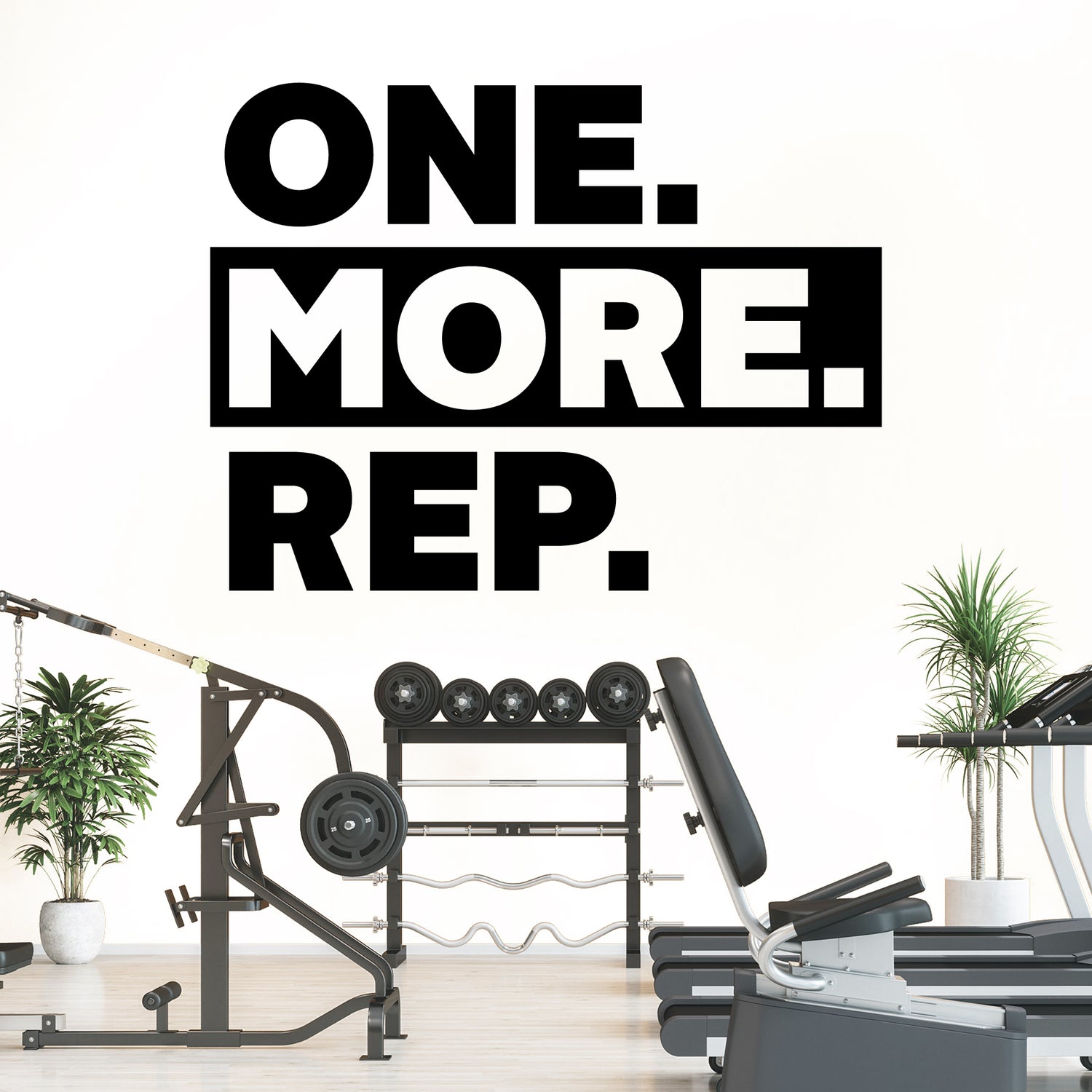 Gym interior with weightlifting equipment and motivational text 'ONE. MORE. REP.'