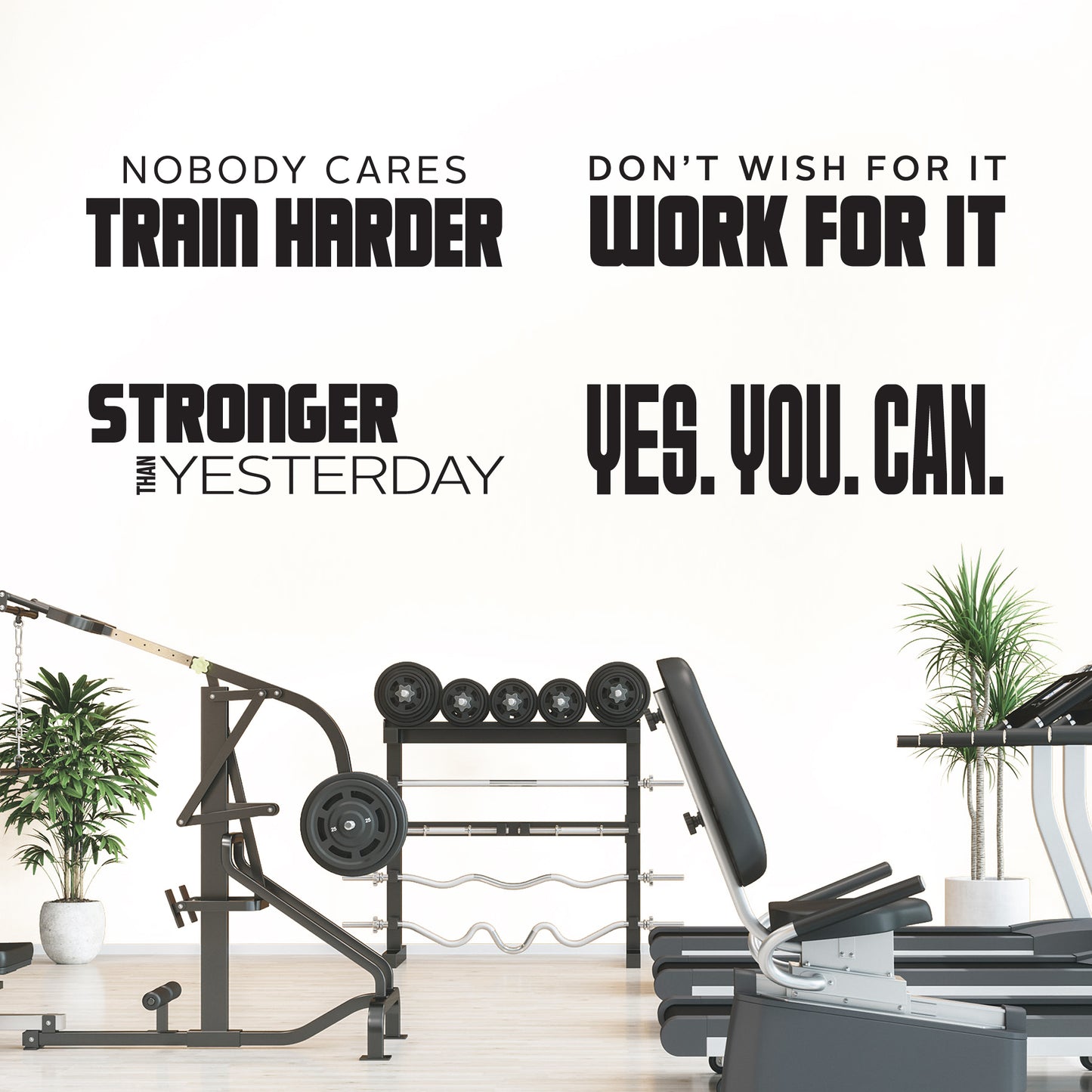 Motivational gym quote with fitness equipment in the background