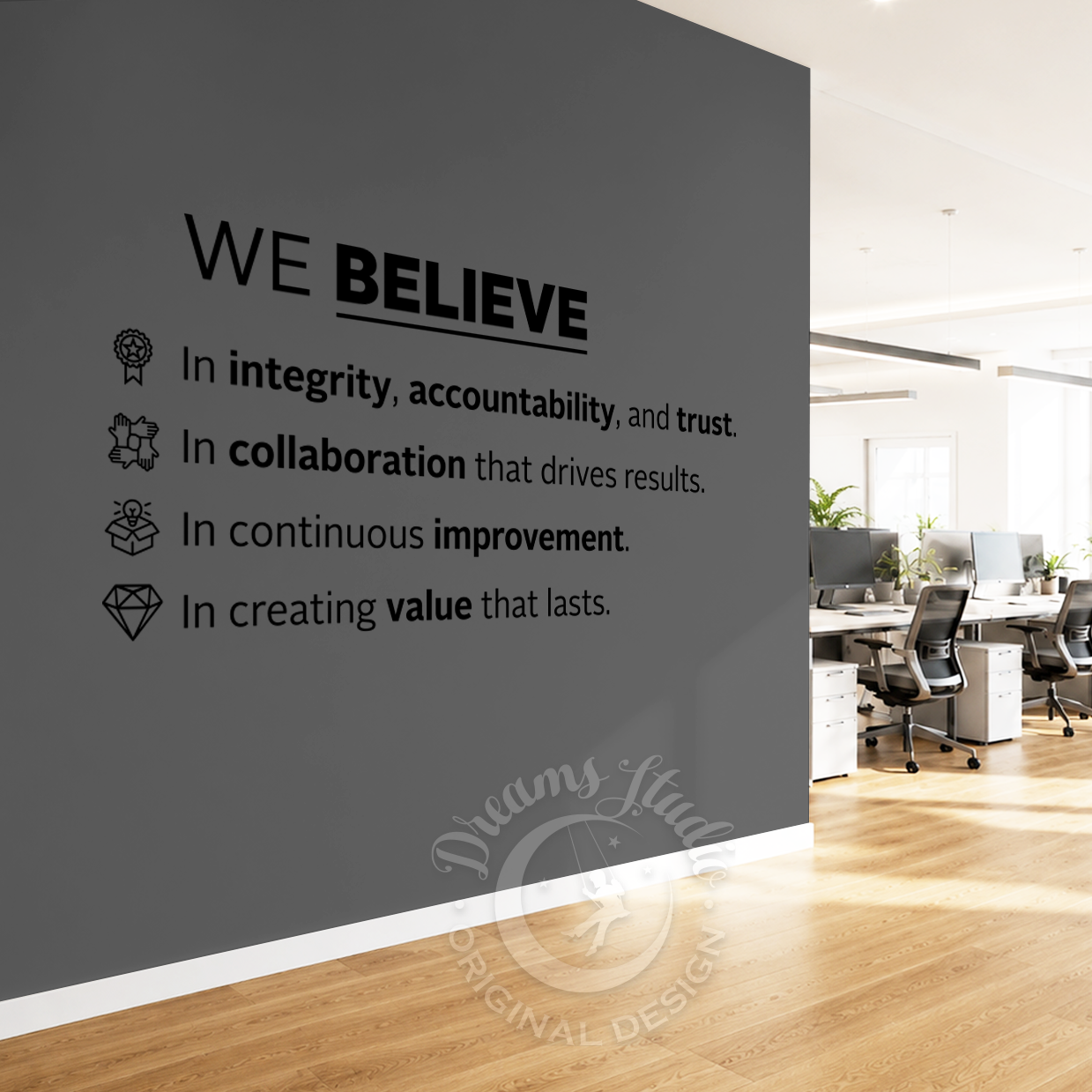 Wall with motivational quote in an office setting