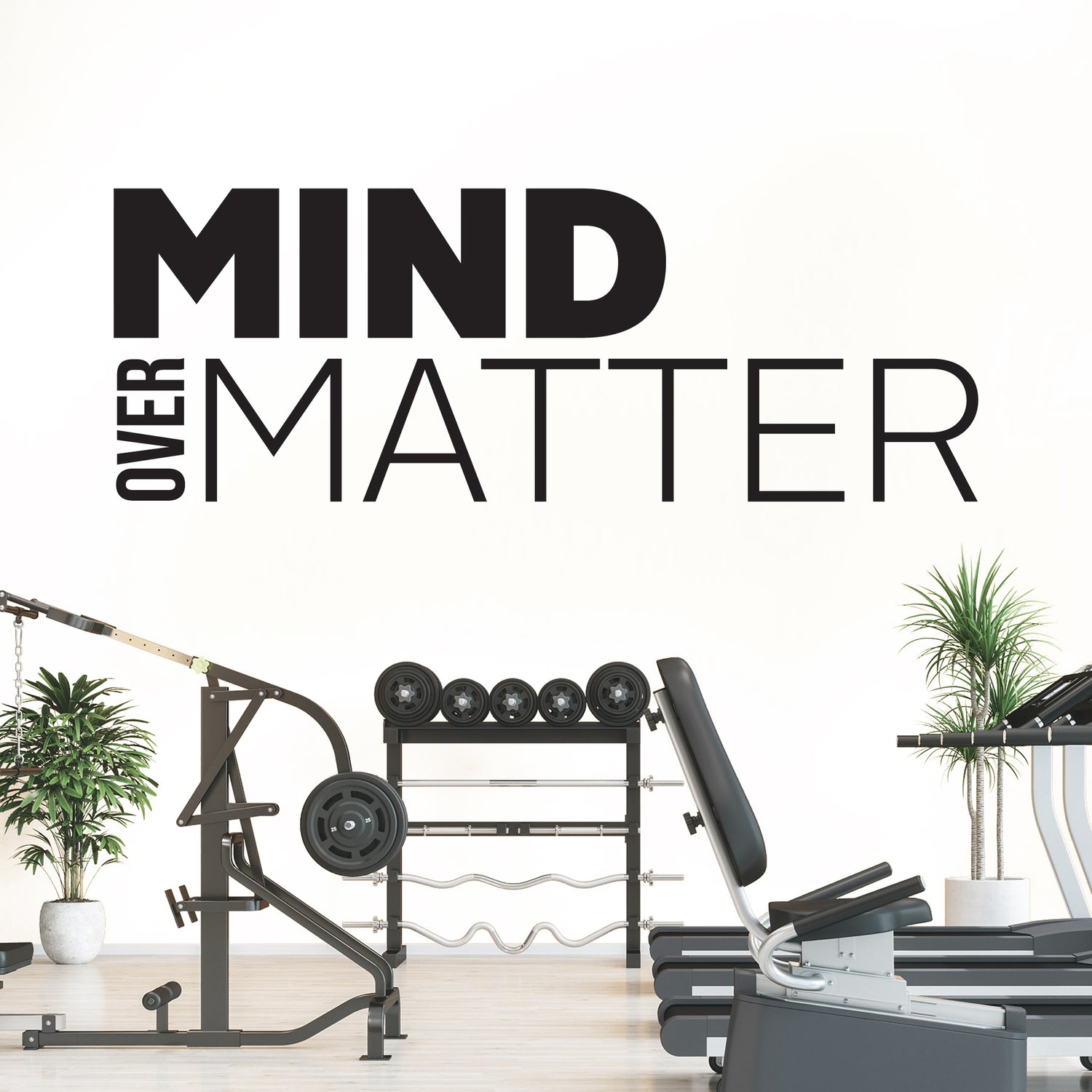 Gym equipment with 'Mind Over Matter' text on a white background