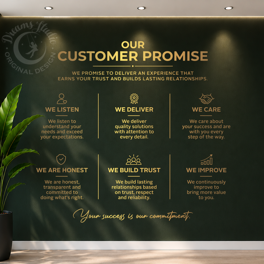 A large dark green office wall mural featuring gold text that reads 'OUR CUSTOMER PROMISE' with six principle statements below, shown installed in a modern office interior with plants, windows, and glass partitions.