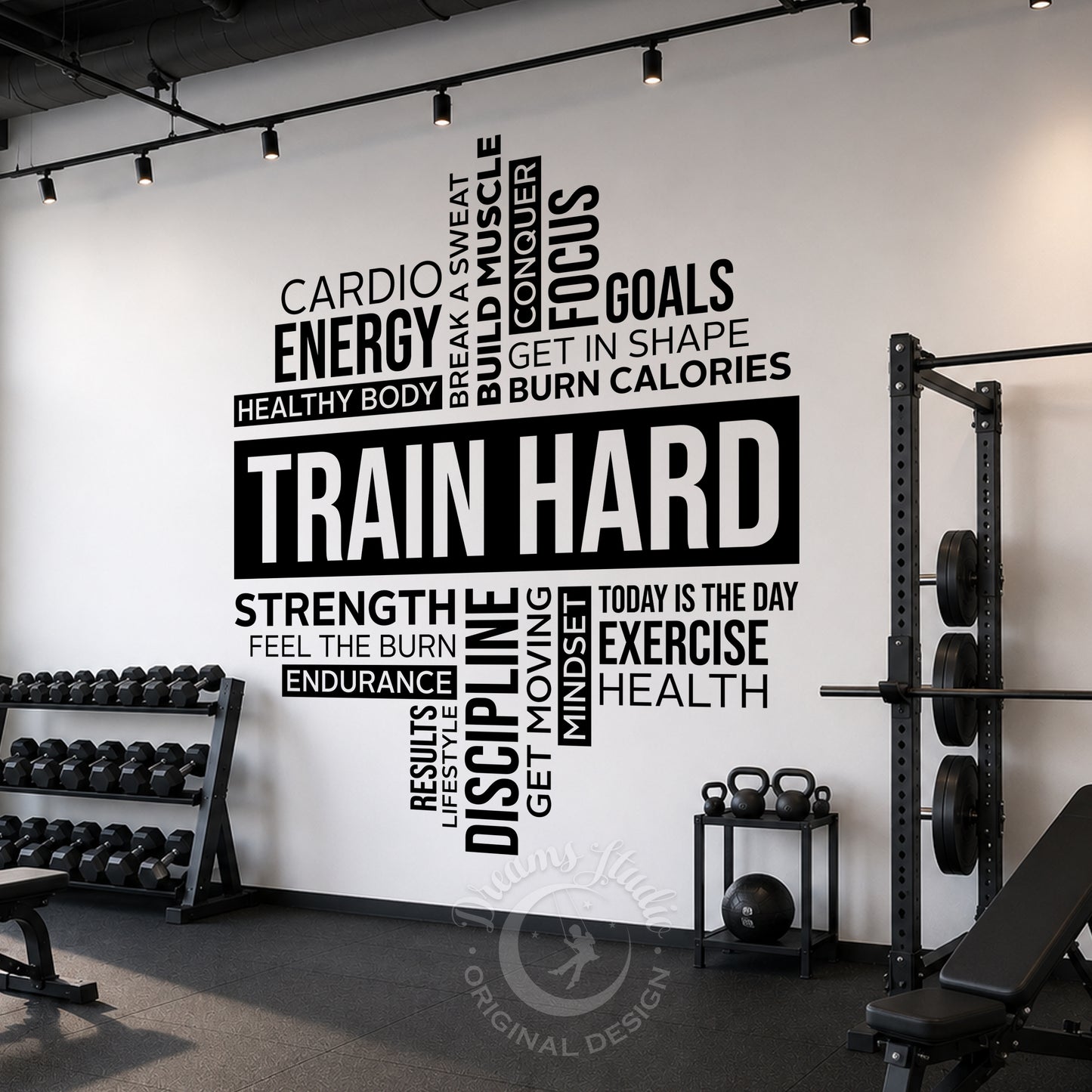 "Train Hard" Word Cloud Gym Wall Decal, Motivational Fitness Wall Sticker, Workout Quote Decor