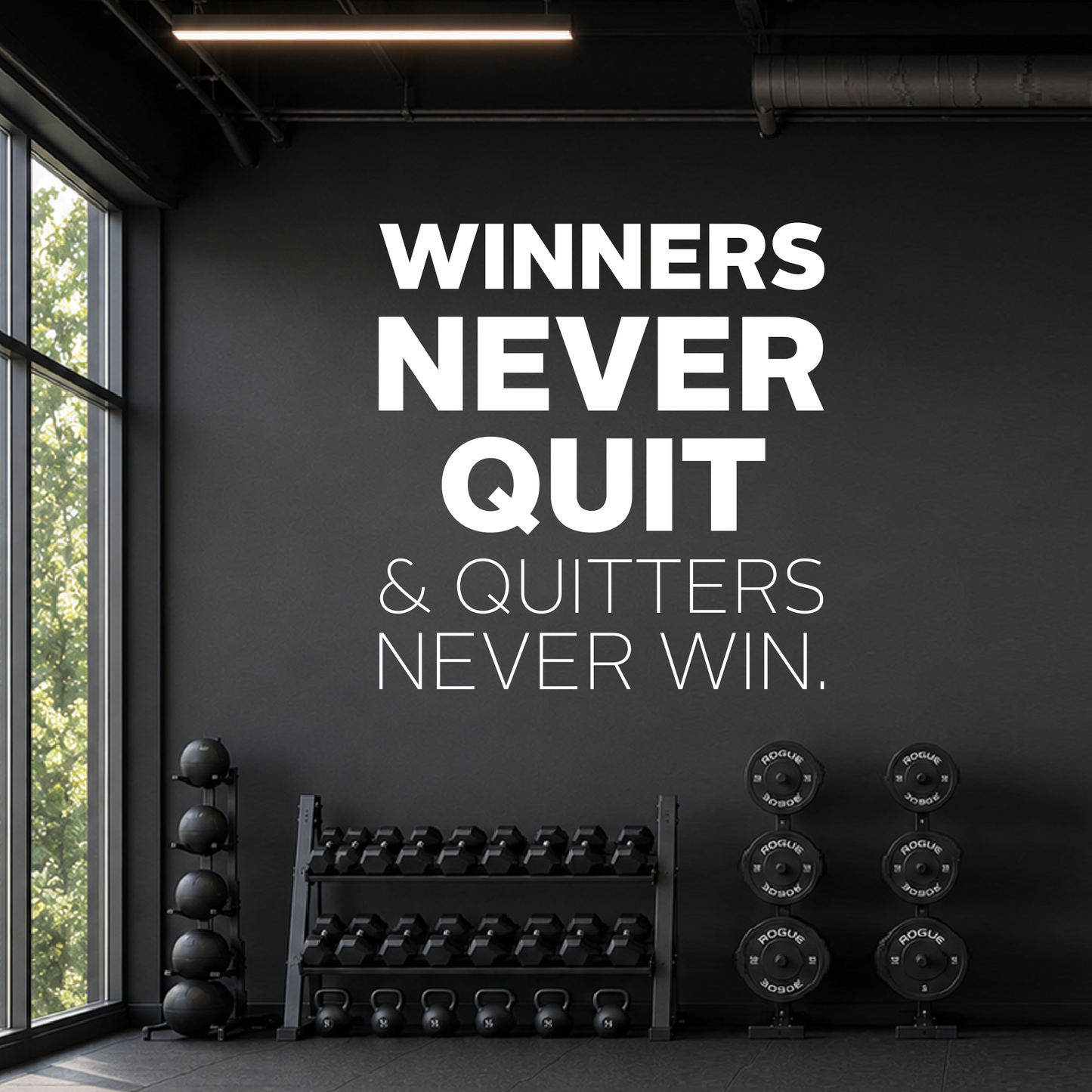 Gym Wall Decal “Winners never quit and quitters never win”, Motivational Fitness Workout Wall Quote