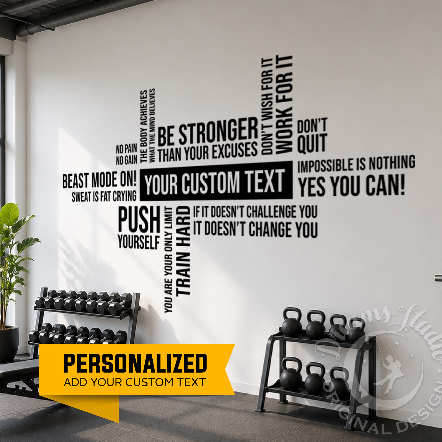 Motivational wall decal with customizable text in a gym setting