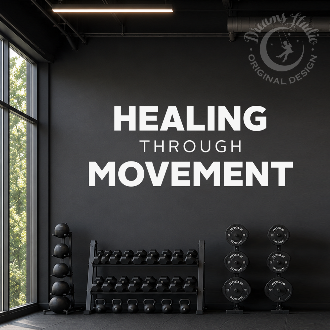 Gym interior with 'Healing Through Movement' quote on a wall, gym equipment visible.