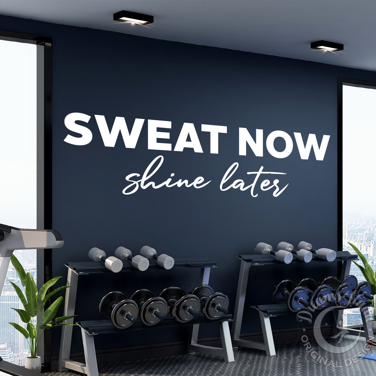 Gym interior with 'Sweat Now, Shine Later' motivational quote on a wall.