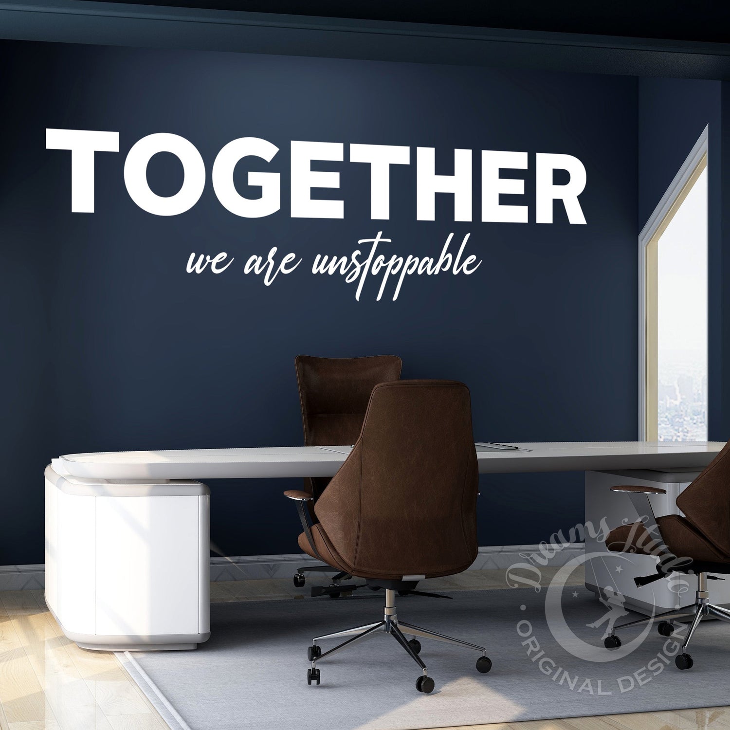 Modern office interior with motivational wall quote 'Together we are unstoppable' on a dark blue wall.