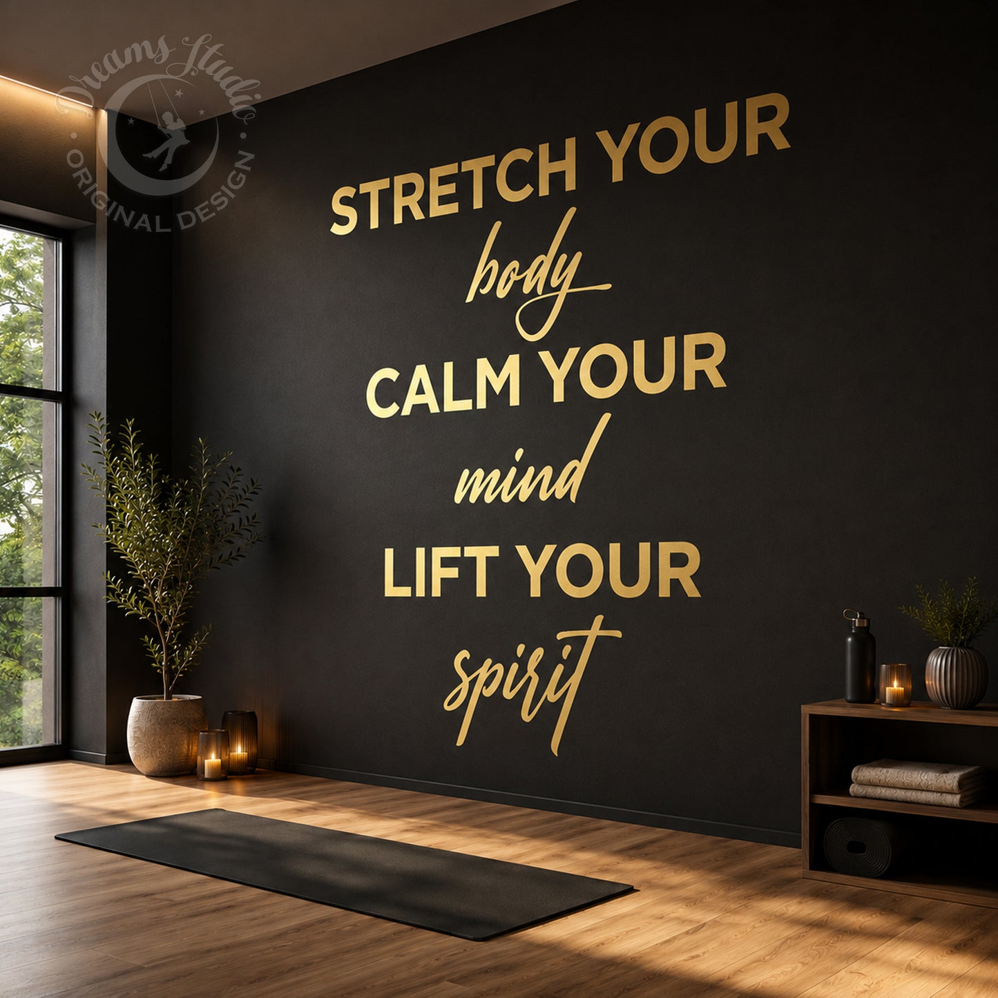 "Stretch Your Body, Calm Your Mind, Lift Your Spirit" Wall Decal - Wellness & Yoga Studio Decor