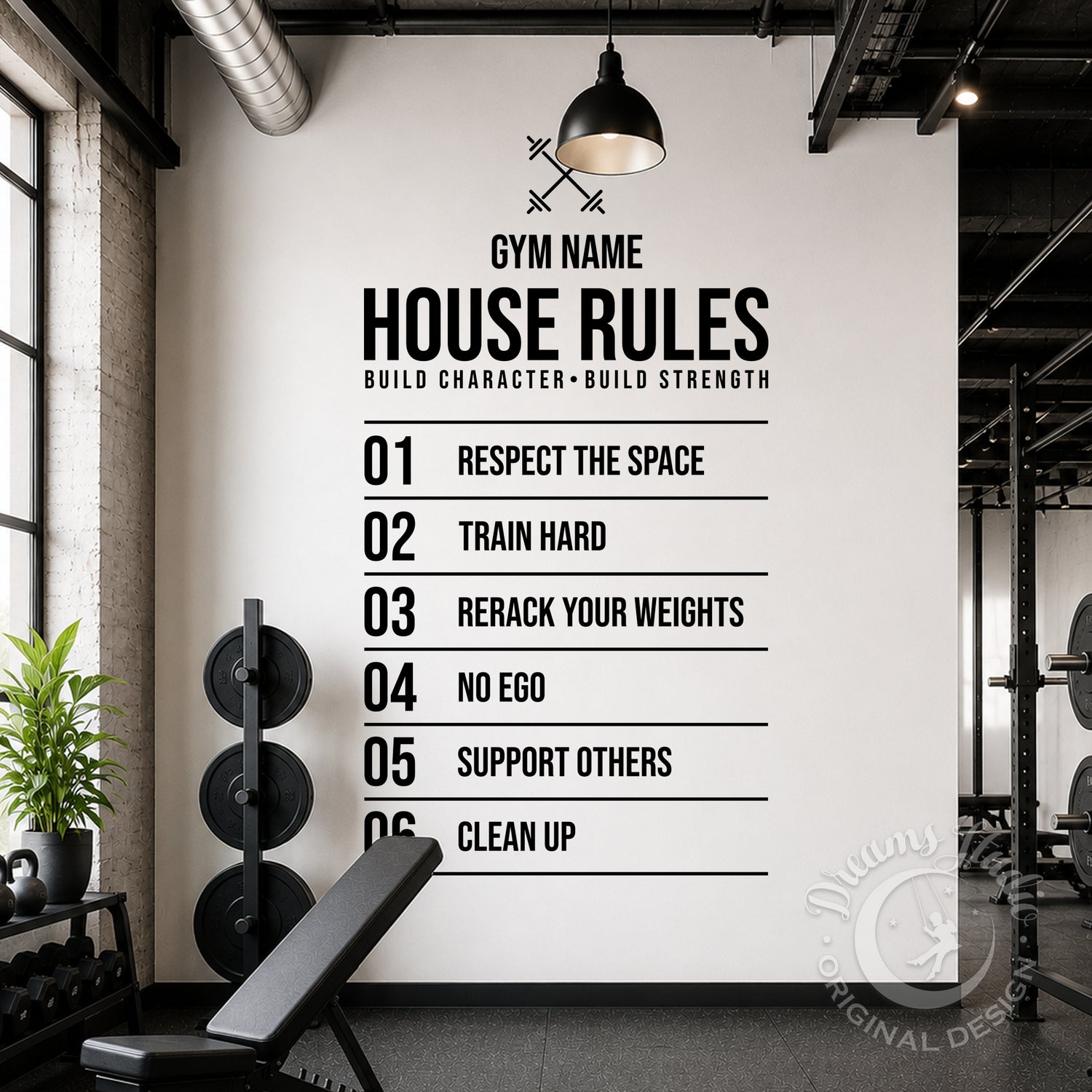 A black and white custom gym wall graphic displaying a 'House Rules' poster with a placeholder gym name and numbered guidelines, shown in a modern gym setting with a weight bench, dumbbells, and rack.