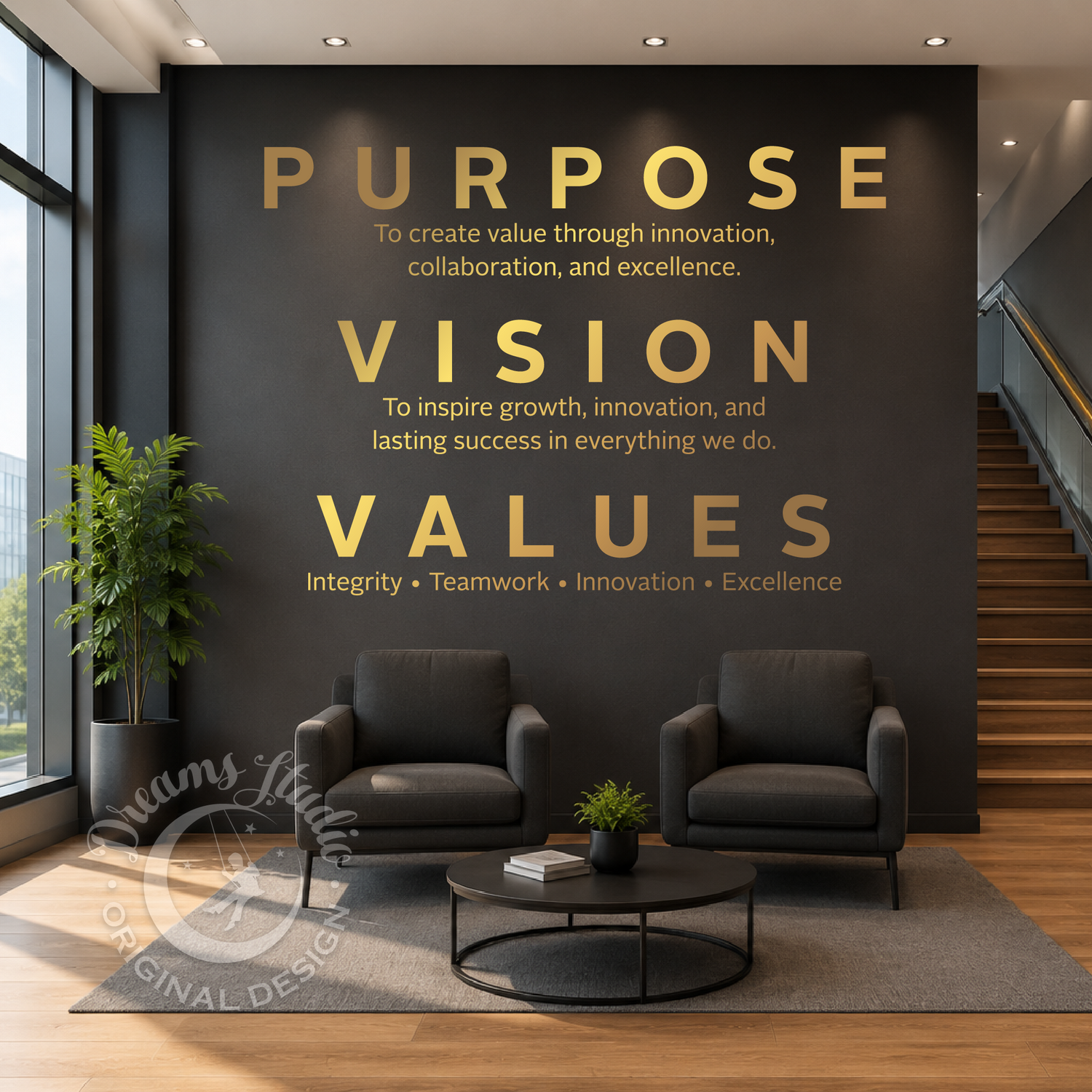 Modern office interior with motivational wall text on a dark wall.
