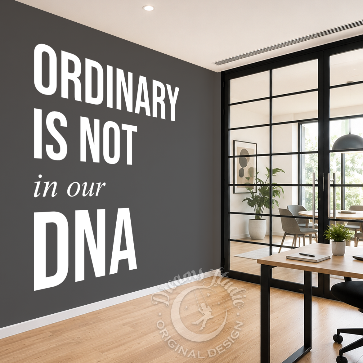 Modern office interior with motivational quote on wall