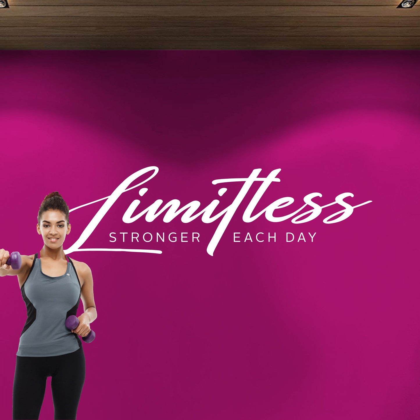 Woman holding dumbbells with 'Limitless' logo and text on a magenta background