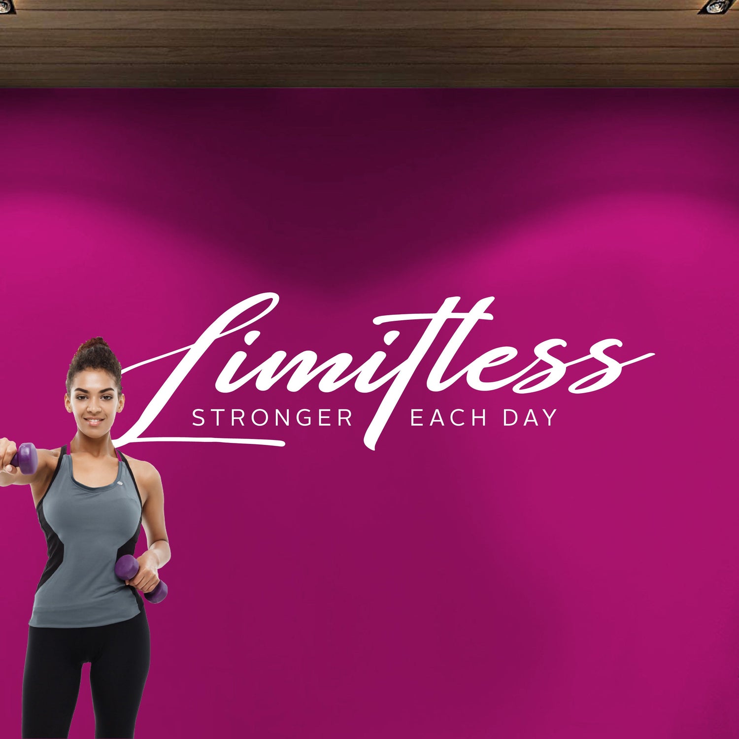 Woman holding dumbbells with 'Limitless' logo and text on a magenta background