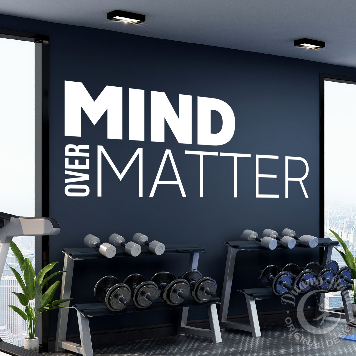 Gym interior with 'Mind Over Matter' motivational quote on the wall.