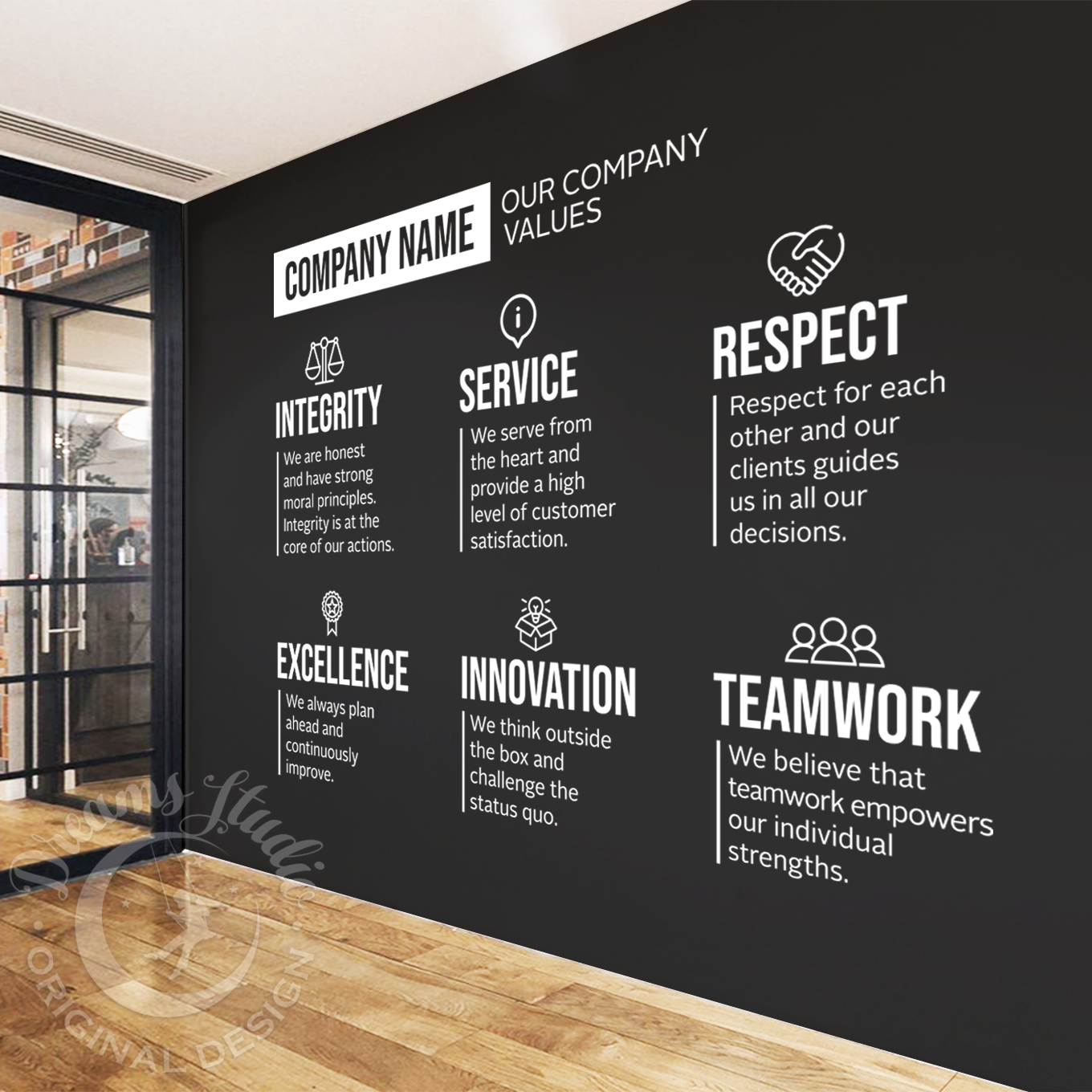 Wall with company values displayed in a modern office setting