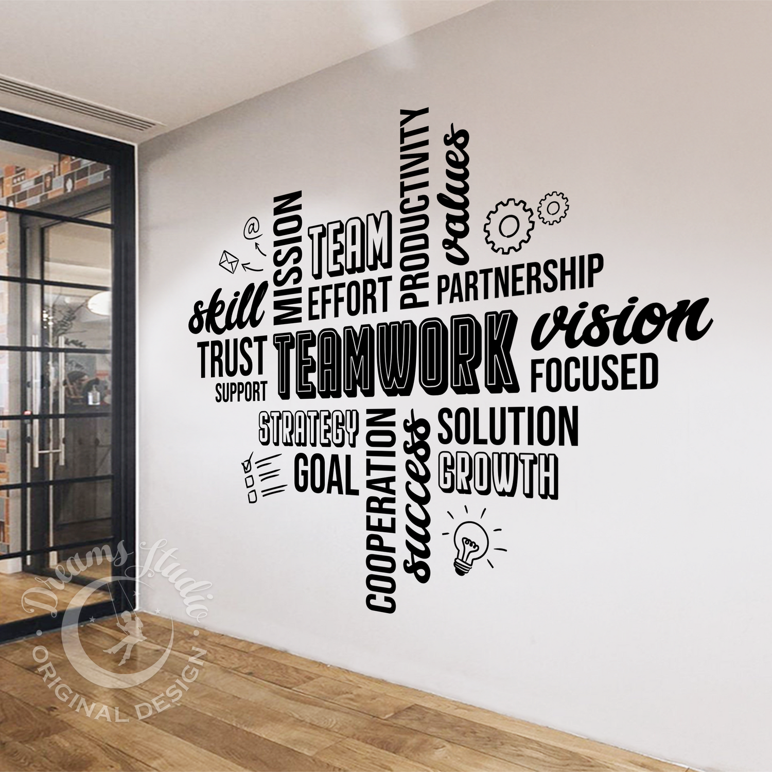 Wall with motivational wall decal in a modern office setting