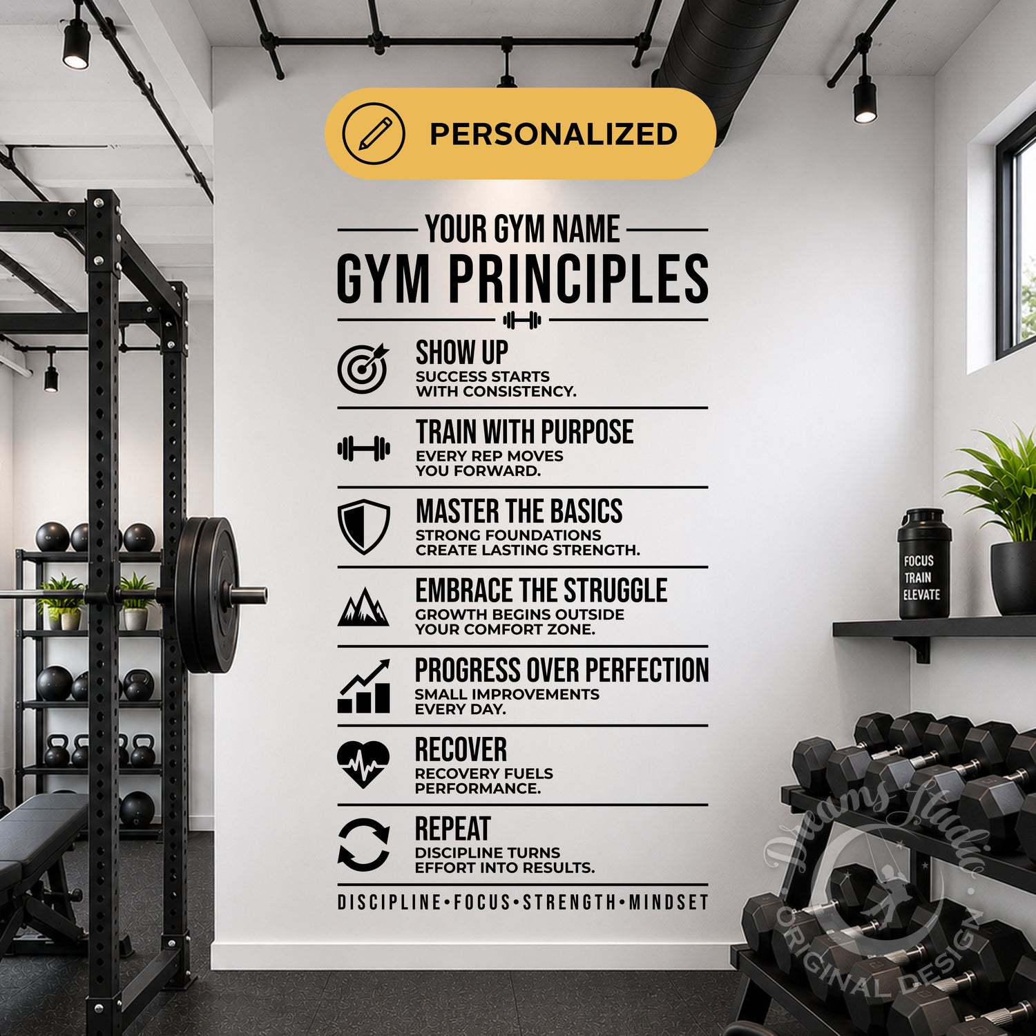 A motivational gym wall decal featuring a 'Gym Principles' checklist, displayed on a white wall in a modern gym setting with weight equipment.