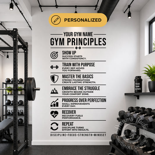 A motivational gym wall decal featuring a 'Gym Principles' checklist, displayed on a white wall in a modern gym setting with weight equipment.