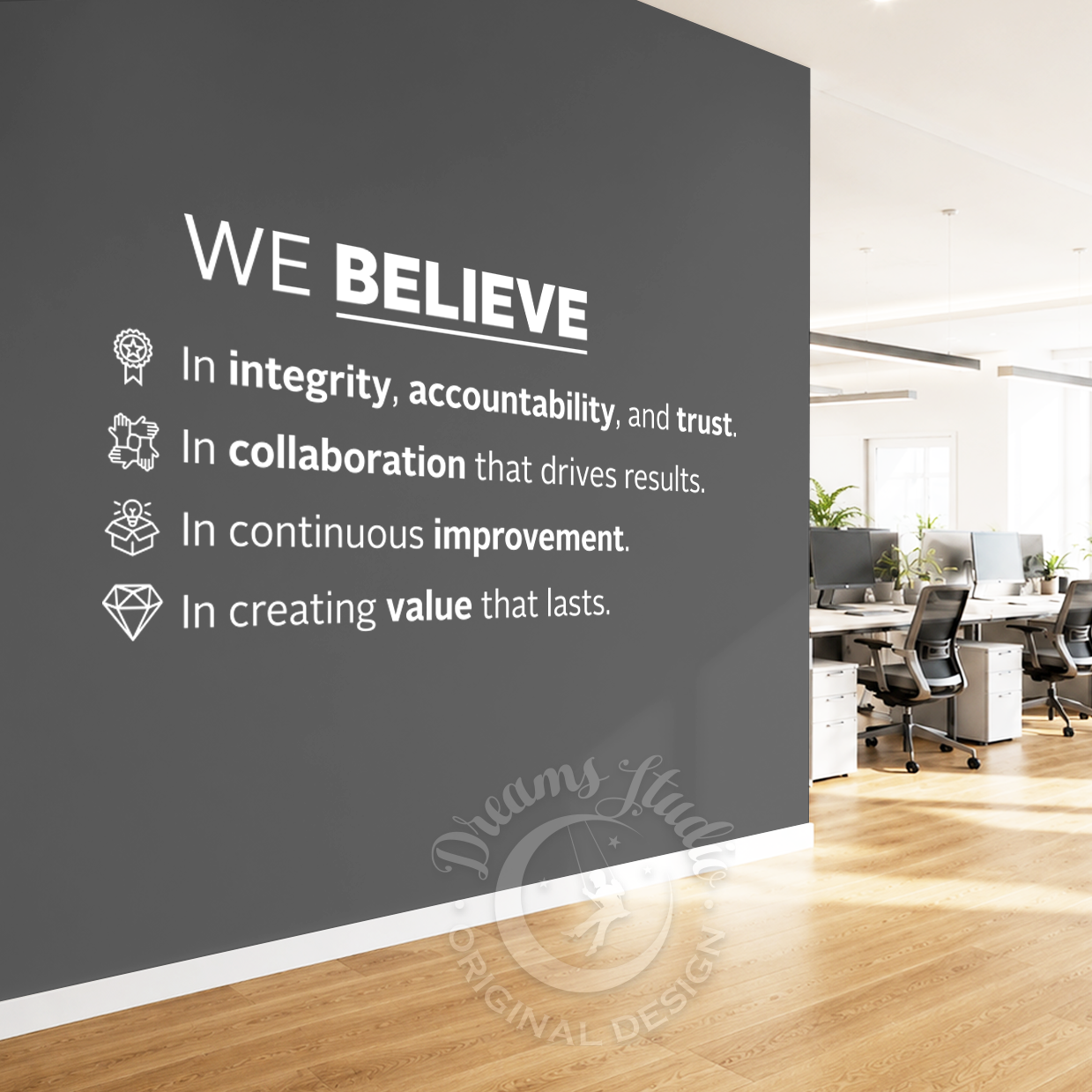 Wall with motivational quote in an office setting