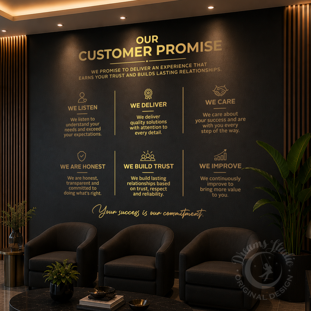 A dark wall in a modern office lobby displays a large gold-colored corporate quote and 'Our Customer Promise' text, with three dark gray armchairs in the foreground and a plant to the right.