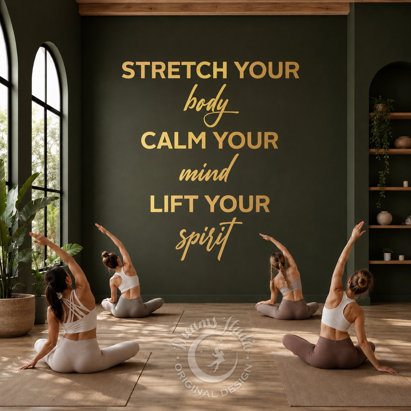 "Stretch Your Body, Calm Your Mind, Lift Your Spirit" Wall Decal - Wellness & Yoga Studio Decor