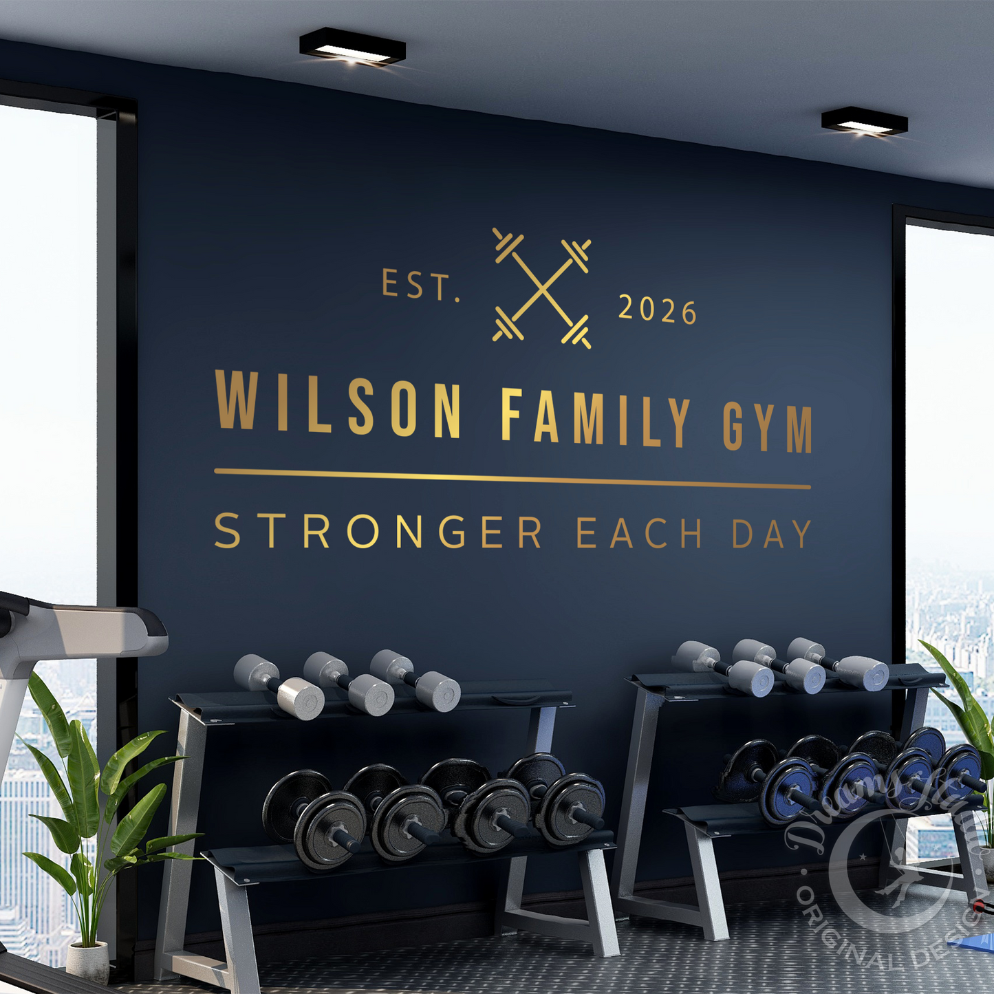 Gym interior with weights and 'Wilson Family Gym' branding on the wall.